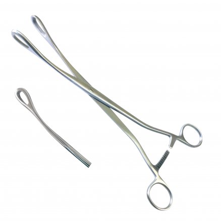 Затискач гінекологічній для абортів, вікончастий по Saenger, зігнутий. Довжина 27 см